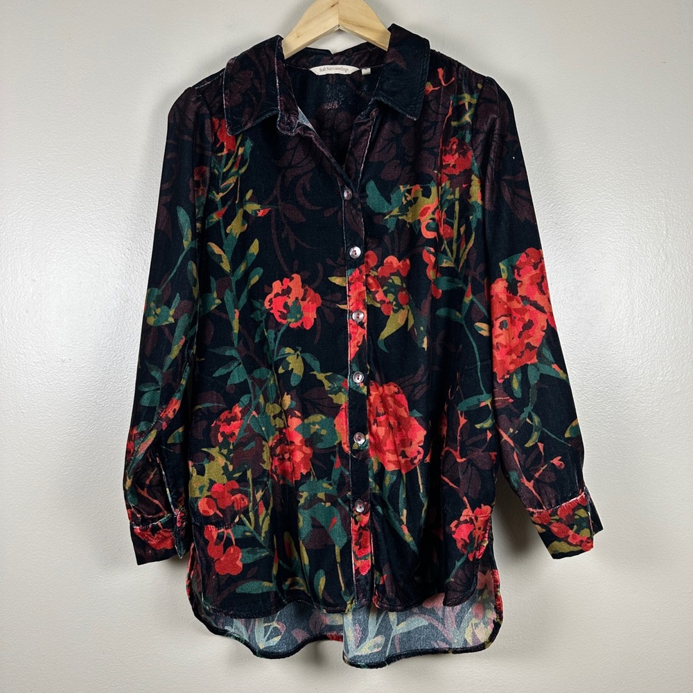 Soft Surroundings Women's Medium Button Up Shirt Black Red Floral Velvet Tunic